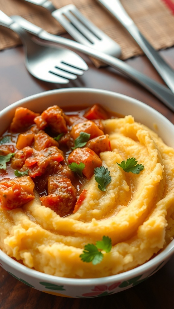A bowl of creamy mashed Fante Kenkey served with a spicy stew, garnished with herbs.